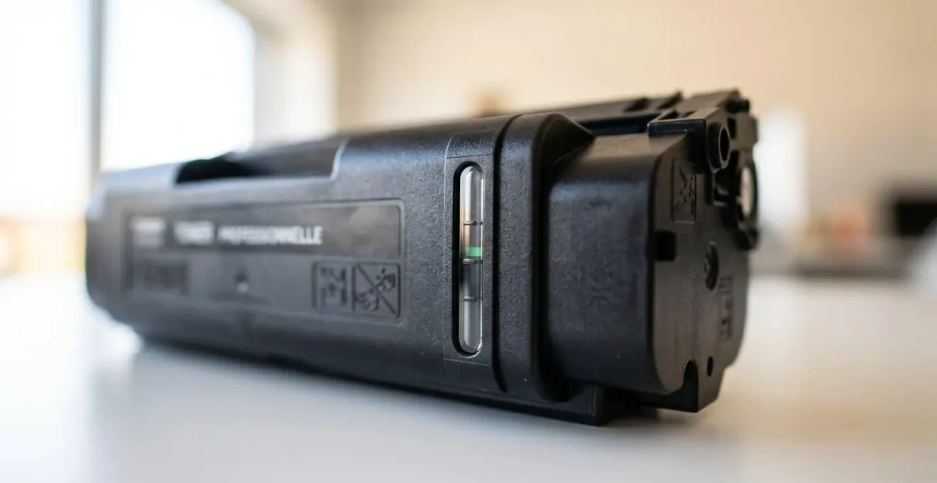 Gros plan d'une cartouche de toner professionnelle noire posée sur un bureau blanc moderne avec un indicateur de niveau visible