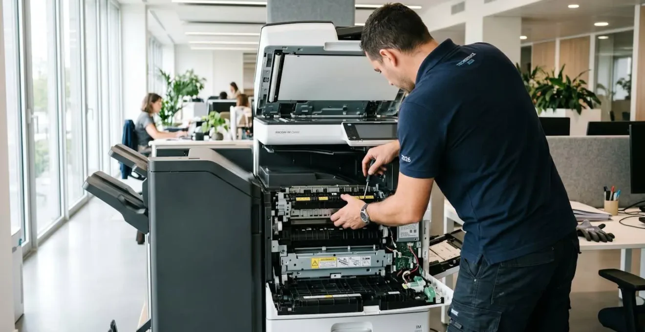 Un technicien vu de dos en polo professionnel intervient sur une imprimante multifonction ouverte dans un bureau moderne