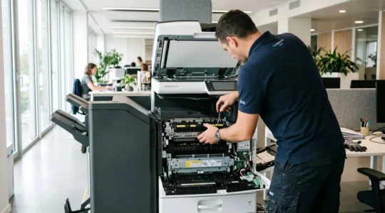 Un technicien vu de dos en polo professionnel intervient sur une imprimante multifonction ouverte dans un bureau moderne